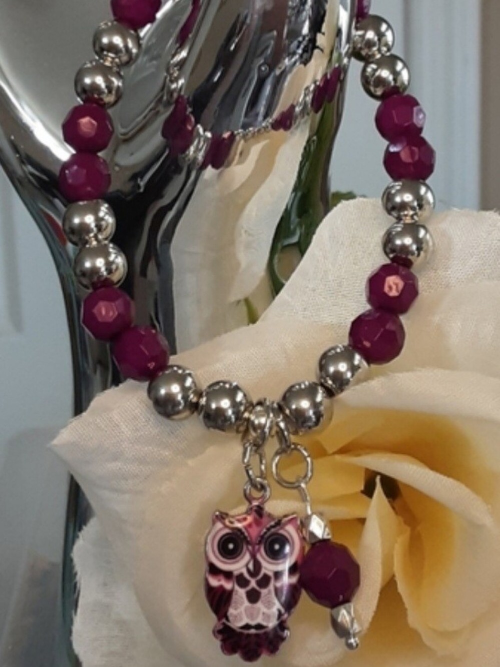 Handmade Owl Stretch Bracelet Purple And Silver 9" Unstretched